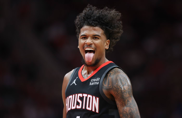 Rockets guard Jalen Green (4) reacts after making a basket during the third quarter against the Washington Wizards at Toyota Center.